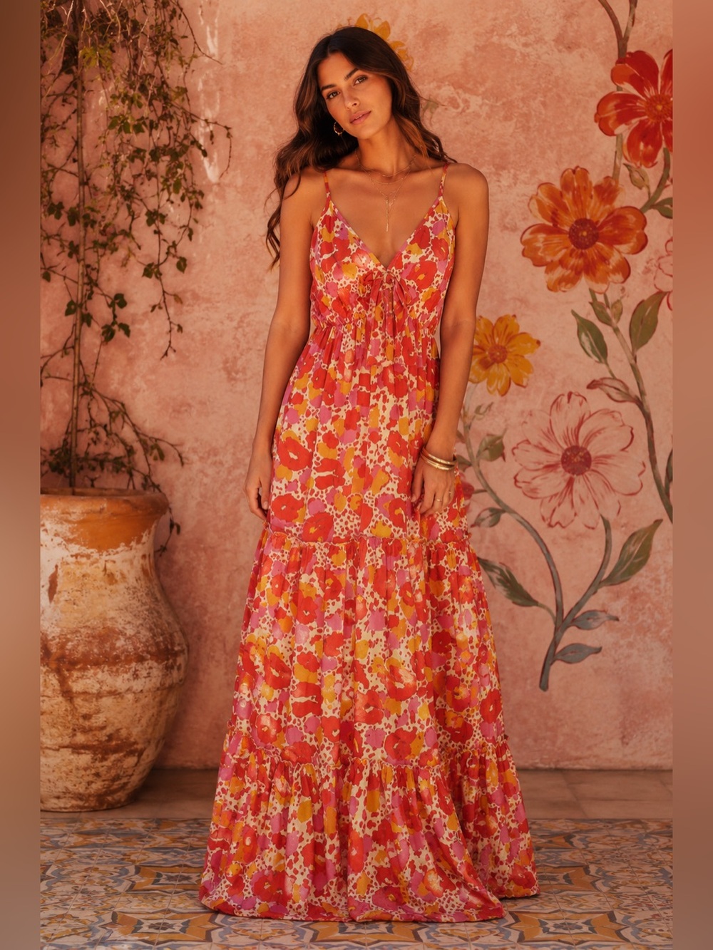 Papa Pia Vibrant Coral, Pink, & Yellow Floral Tiered Maxi Dress